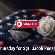 Fostoria News Memorial service for Sgt. Jacob Roesler with American flag and white rose.